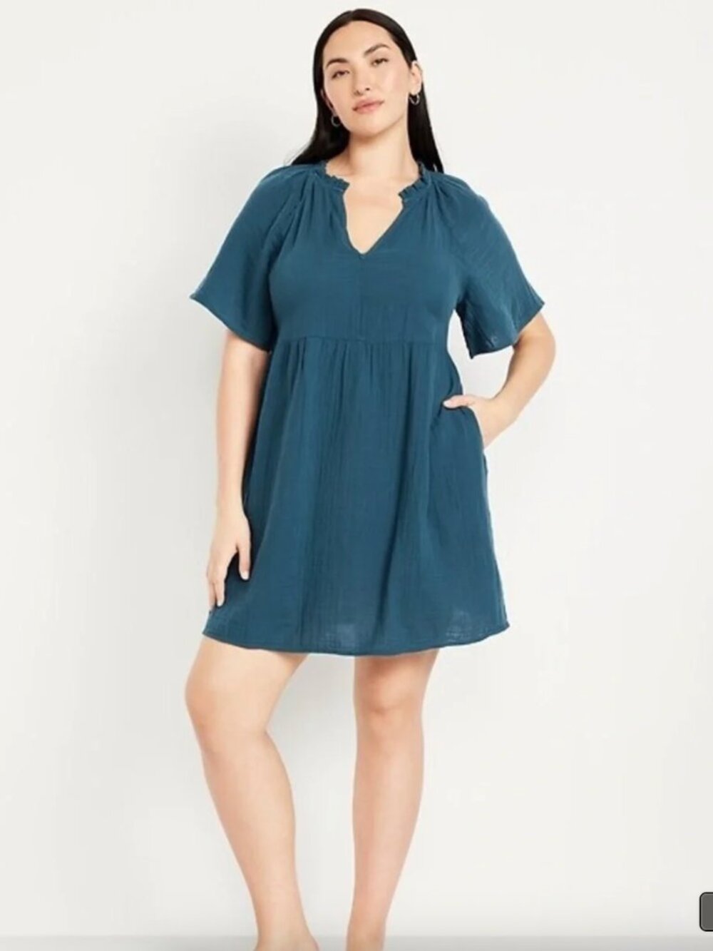 Old Navy Split-Neck Crinkle Gauze Mini Swing Dress Tidewater Teal Large
